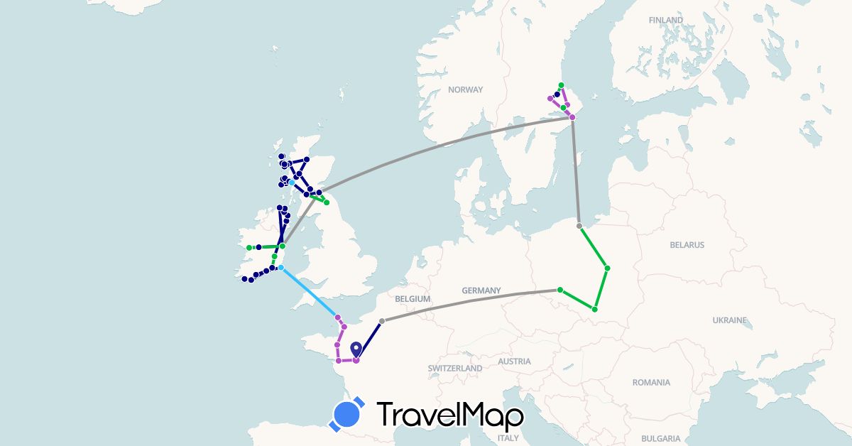 TravelMap itinerary: driving, bus, plane, train, boat in France, United Kingdom, Ireland, Poland, Sweden (Europe)